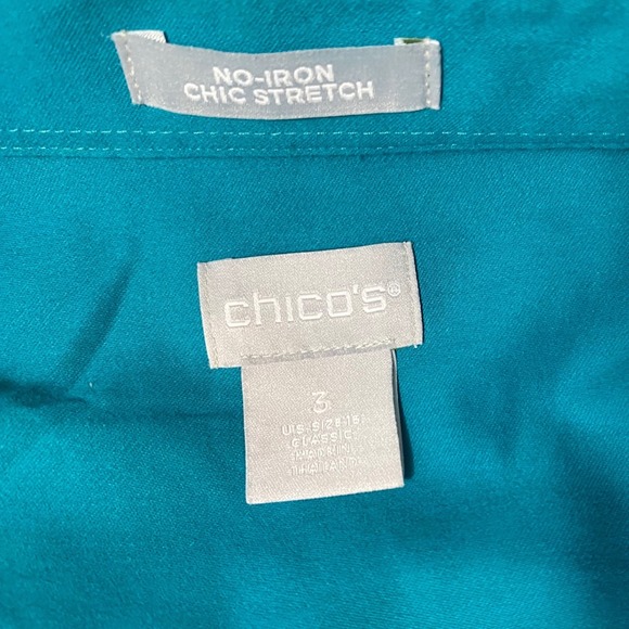 Chicos Chic  women's 3/XL Stretch Button Up Shirt Top Teal Blue Officers Work - Picture 5 of 6